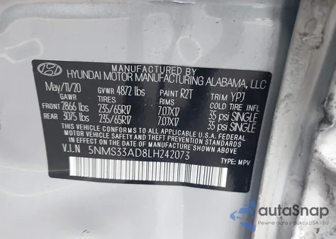 2020 Hyundai Santa Fe Sel from USA, damaged, VIN 5NMS33AD8LH242073